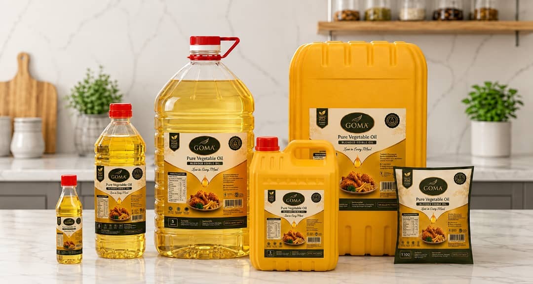 Full GOMA Pure Vegetable Oil product range on marble counter